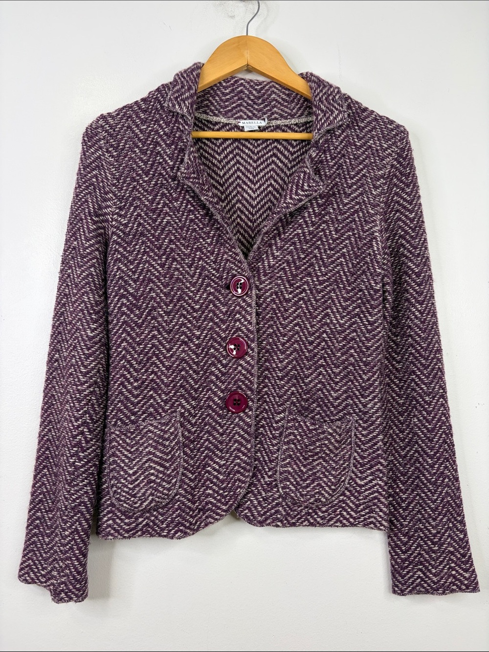 Marella Sweater Womens Medium Purple White Herringbone Knit Blazer Jacket